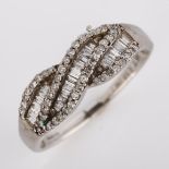 A modern 9ct white gold diamond cluster band ring, set with baguette and single-cut diamonds,