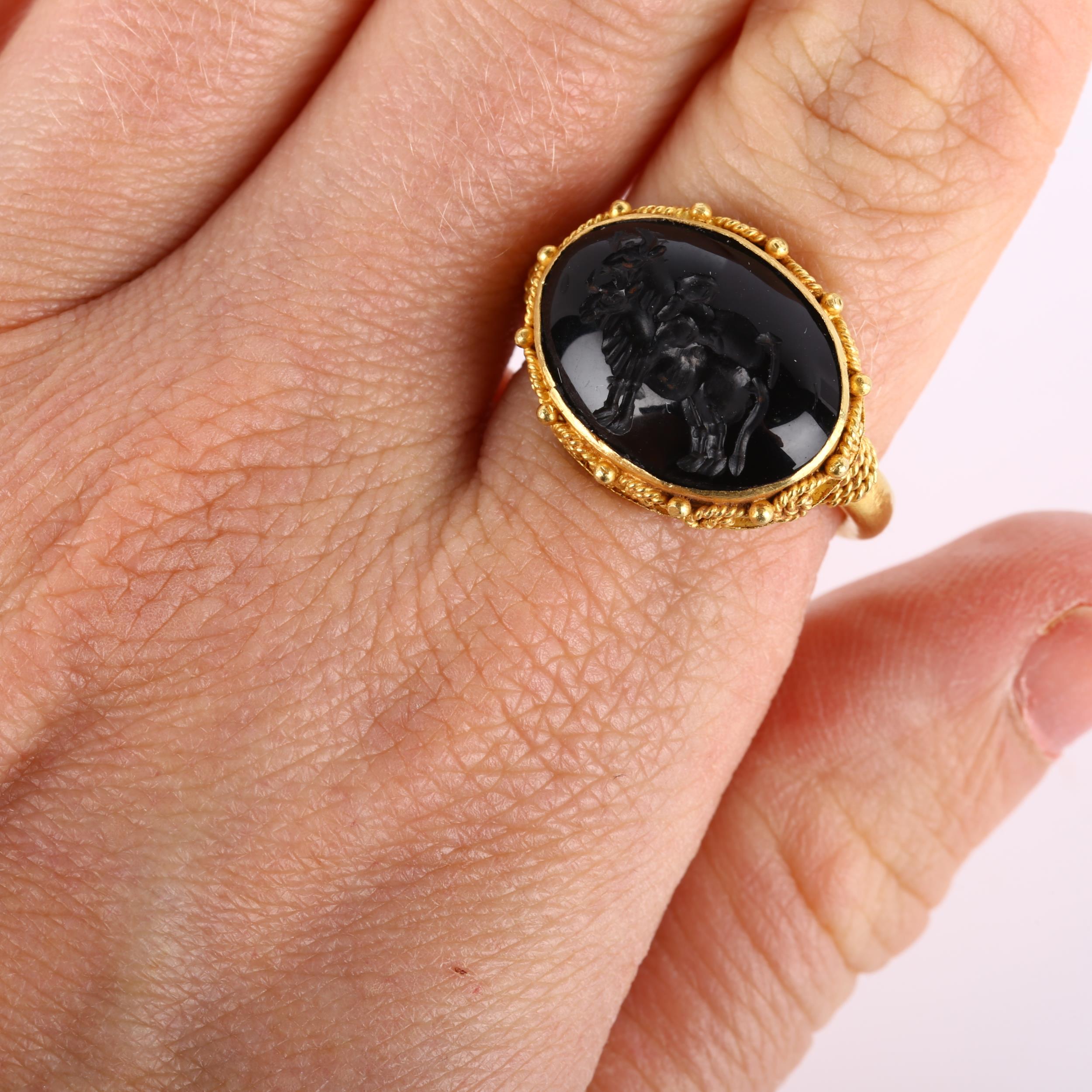 A Victorian style seal ring, unmarked high carat gold settings with wirework surround and intaglio - Image 4 of 4