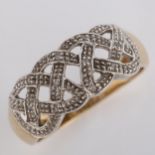 A modern 9ct gold diamond lattice band ring, set with single-cut diamonds, setting height 13.9mm,