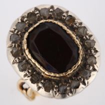 A Georgian garnet and diamond cluster ring, unmarked rose gold closed-back settings test as 15ct,