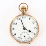 An early 20th century 9ct rose gold open-face keyless pocket watch, white enamel dial with hand
