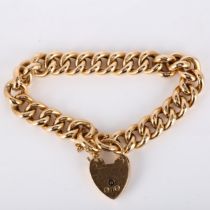 An early 20th century 15ct gold hollow curb link bracelet, with heart padlock clasp, maker's marks W