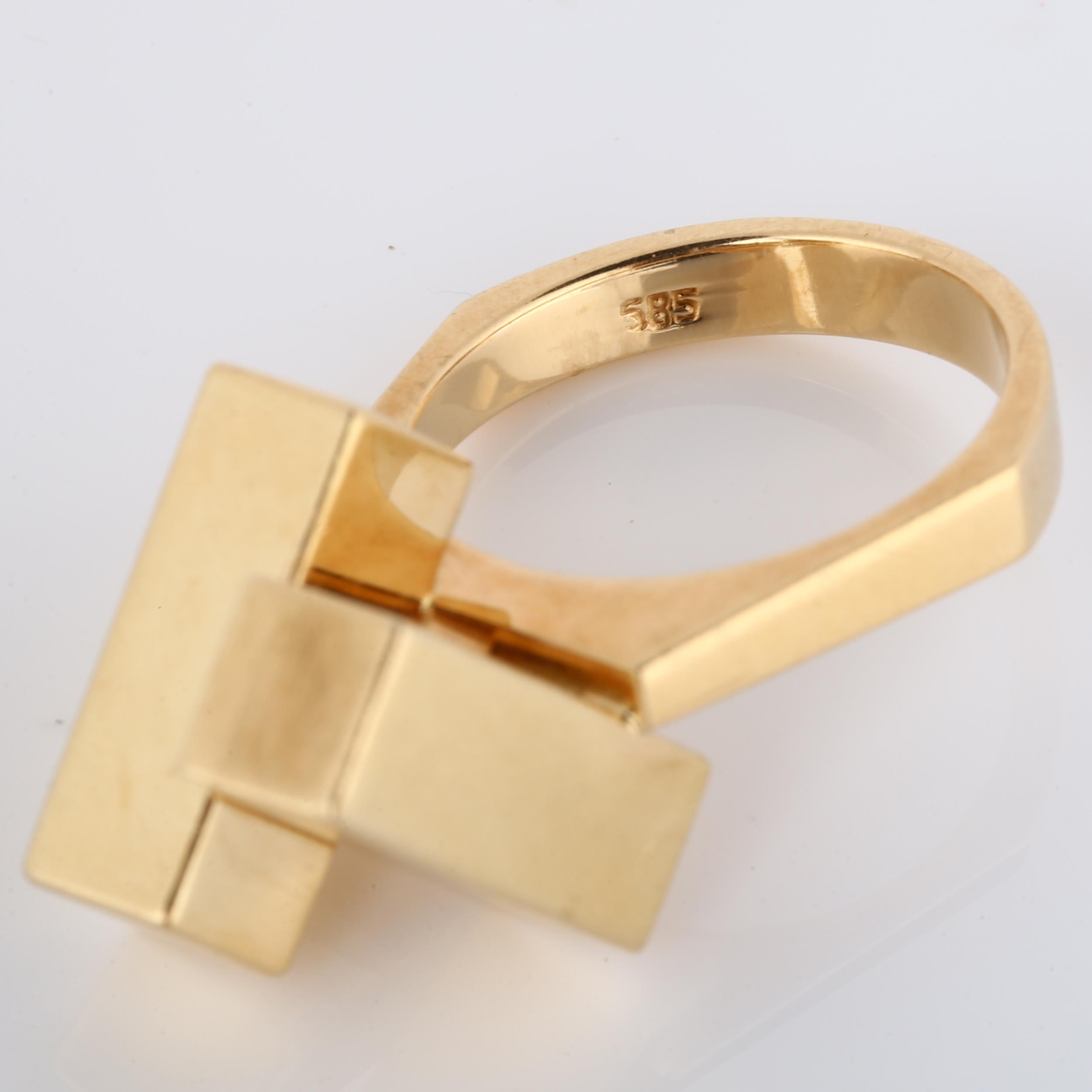 HANS HANSEN - a 1970s Danish 14ct gold geometric abstract ring, set with 2 offset cuboid blocks, - Image 3 of 4