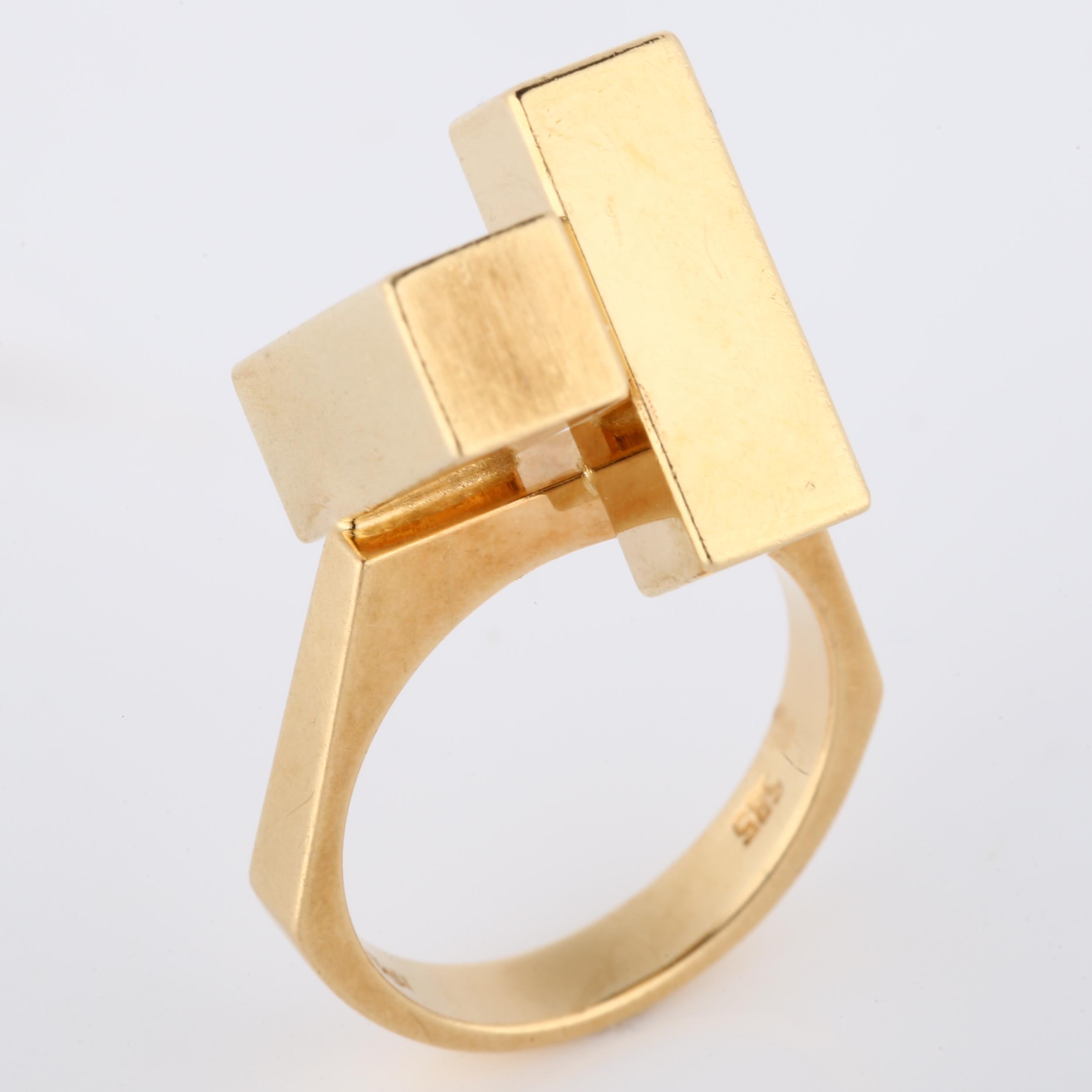 HANS HANSEN - a 1970s Danish 14ct gold geometric abstract ring, set with 2 offset cuboid blocks, - Image 2 of 4