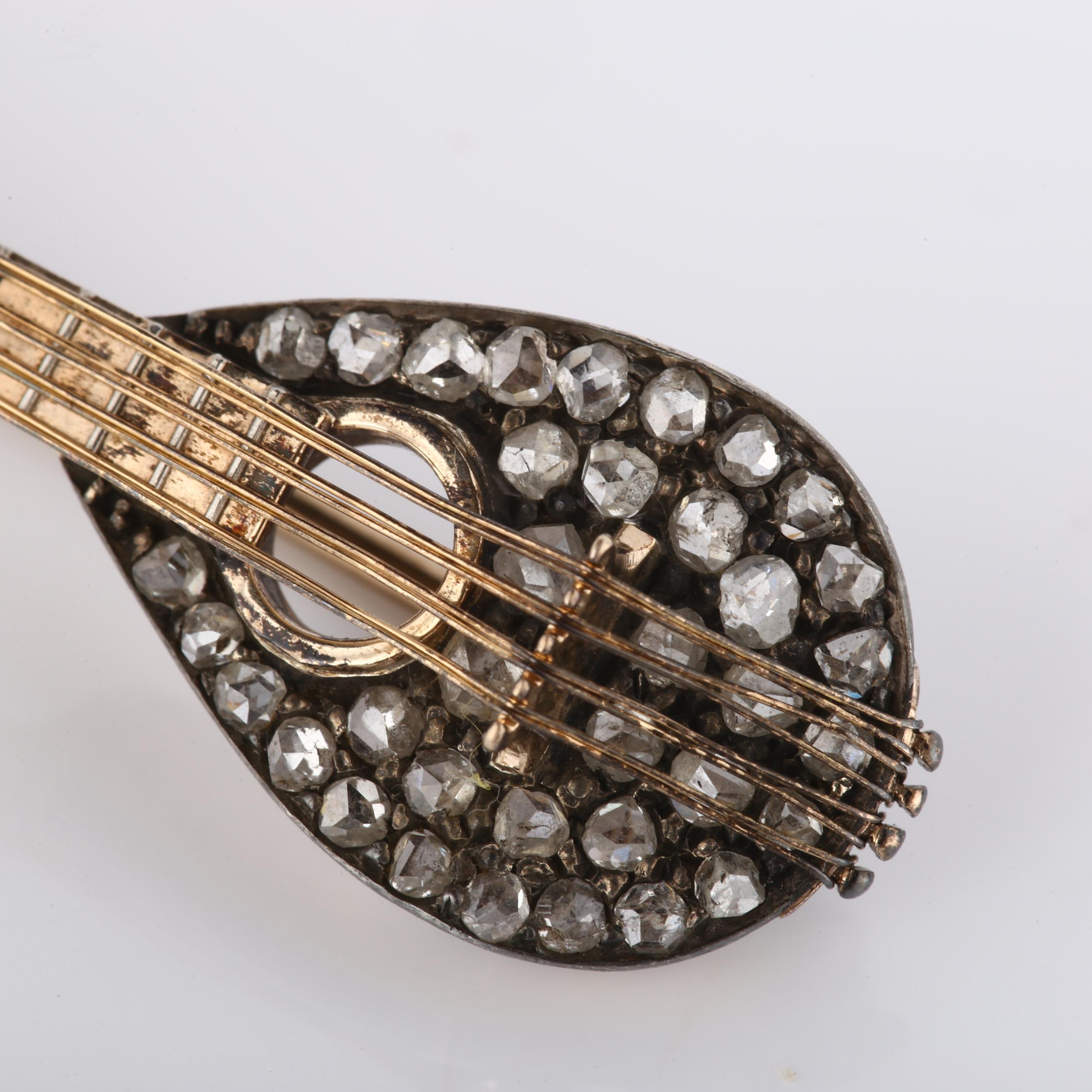 An Antique novelty diamond mandolin musical instrument brooch, circa 1900, unmarked rose gold and - Image 2 of 4