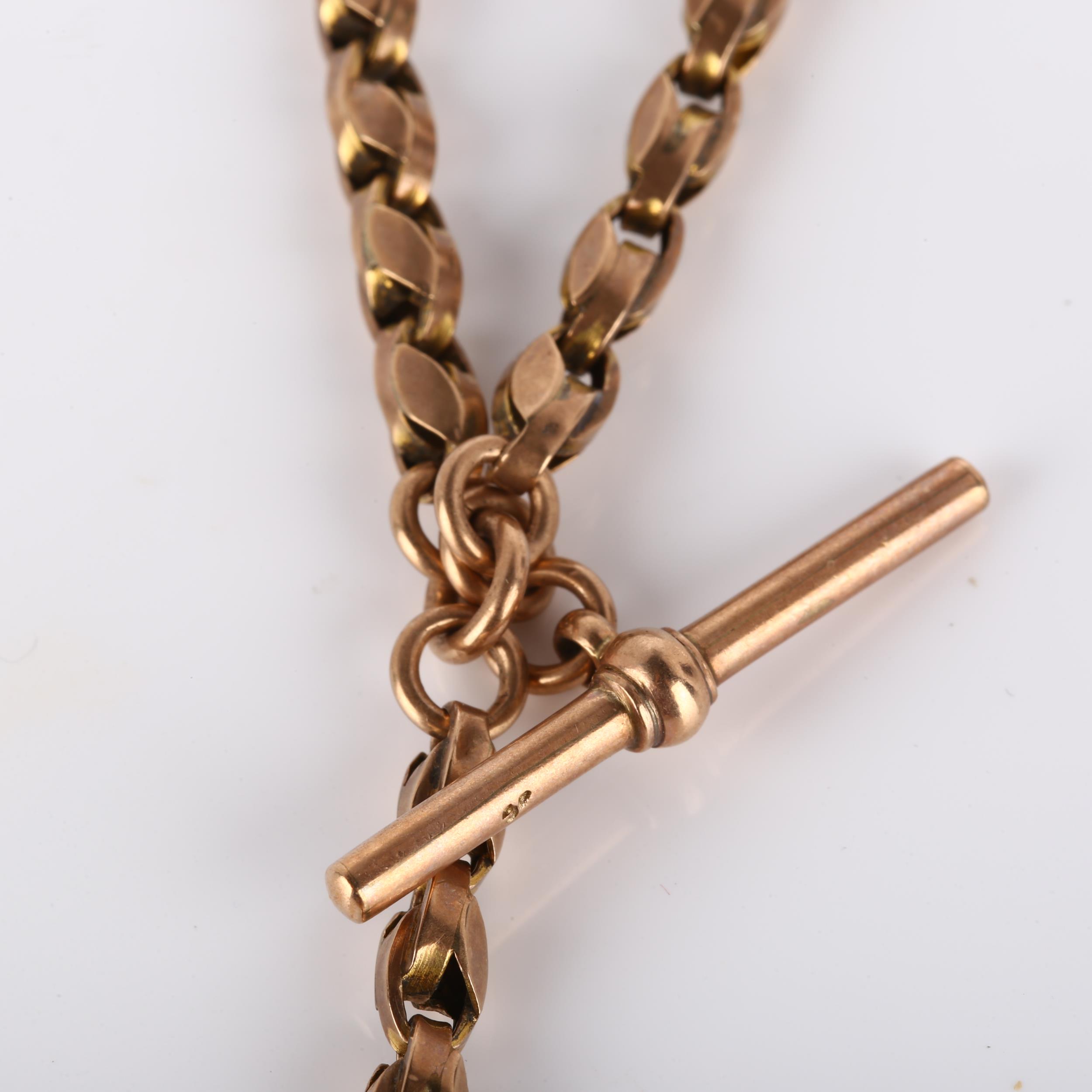 An Antique 9ct rose gold fancy link Albert chain necklace, with 9ct hardstone swivel fob, T-bar - Image 2 of 4