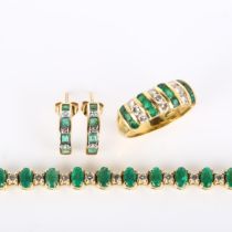 A modern emerald and diamond demi-parure, comprising 18ct gold ring (5.3g), 14ct tennis line