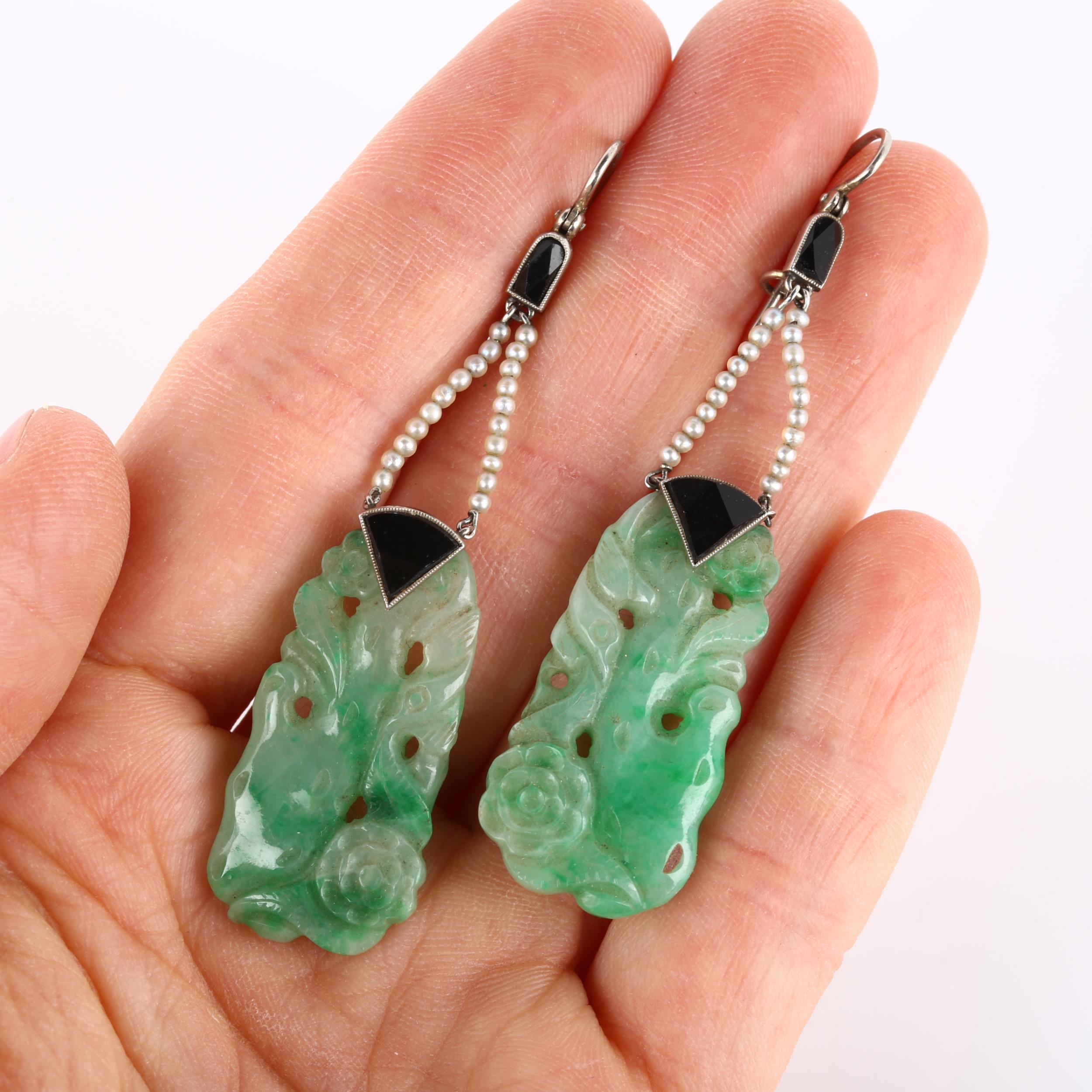A pair of Art Deco jade onyx and seed pearl drop earrings, with carved and polished jade panels - Image 4 of 4