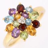 A modern 9ct gold gem set dress ring, gemstones include amethyst garnet peridot etc, setting