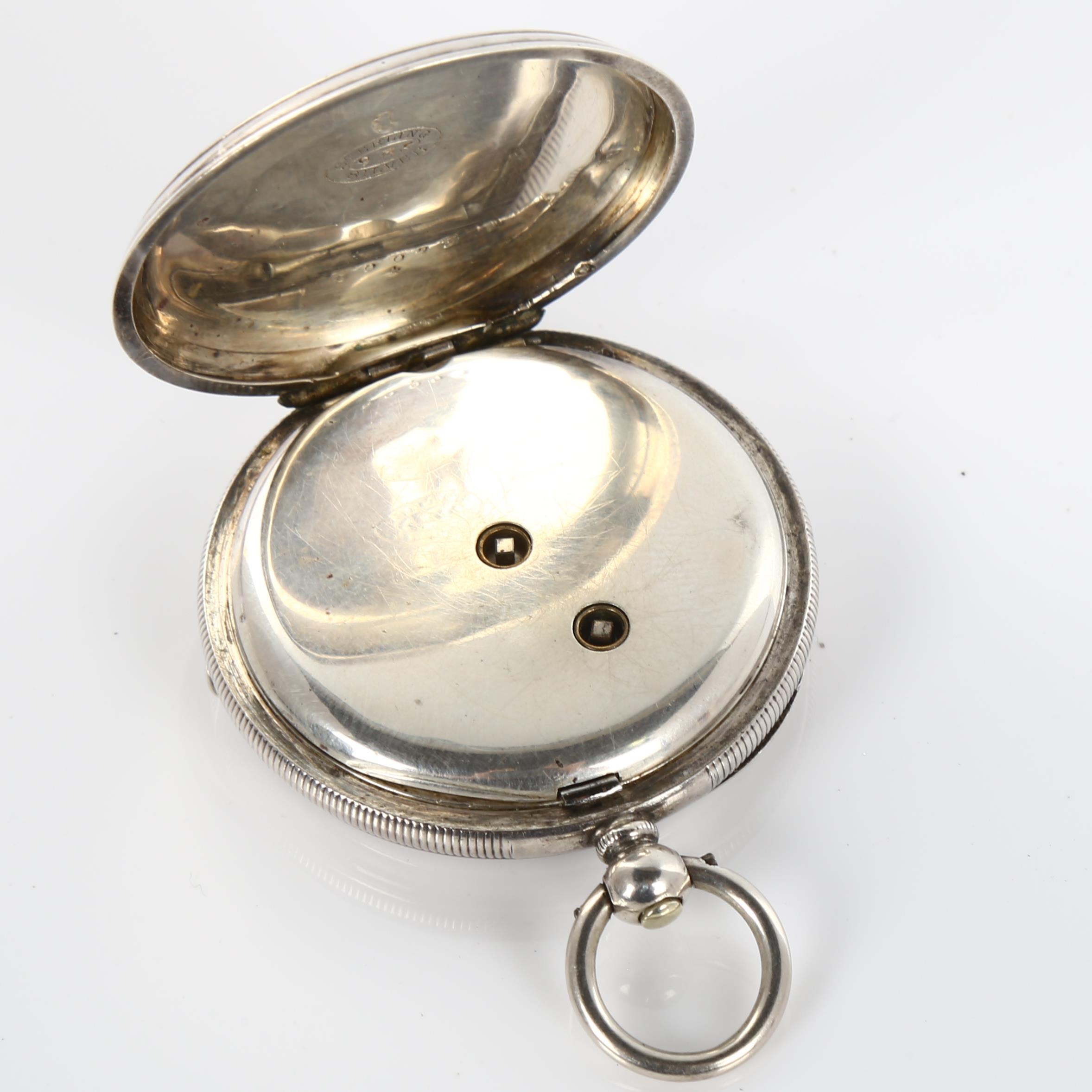 A Swiss sterling silver open-face key-wind pocket watch, white enamel dial with Roman numeral hour - Bild 4 aus 5