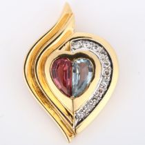 A modern aquamarine pink tourmaline and diamond heart pendant, unmarked gold settings, pendant