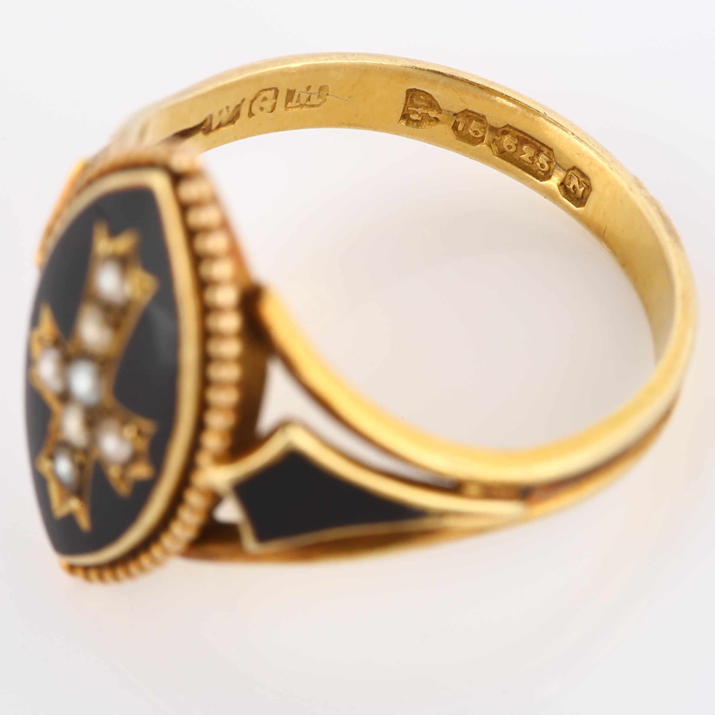 A 19th century 15ct gold black enamel and split pearl mourning ring, central marquise panel with - Image 3 of 4