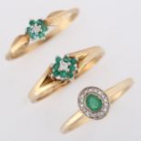 3 x 9ct gold emerald and diamond dress rings, sizes M, and N x 2, 4.7g total (3) No damage or