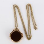 An early 20th century 9ct gold hardstone swivel fob necklace, on 9ct fine cable link chain, fob