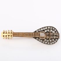 An Antique novelty diamond mandolin musical instrument brooch, circa 1900, unmarked rose gold and