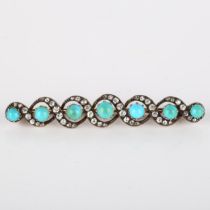 A Victorian turquoise and diamond double helix brooch, unmarked gold and silver settings with