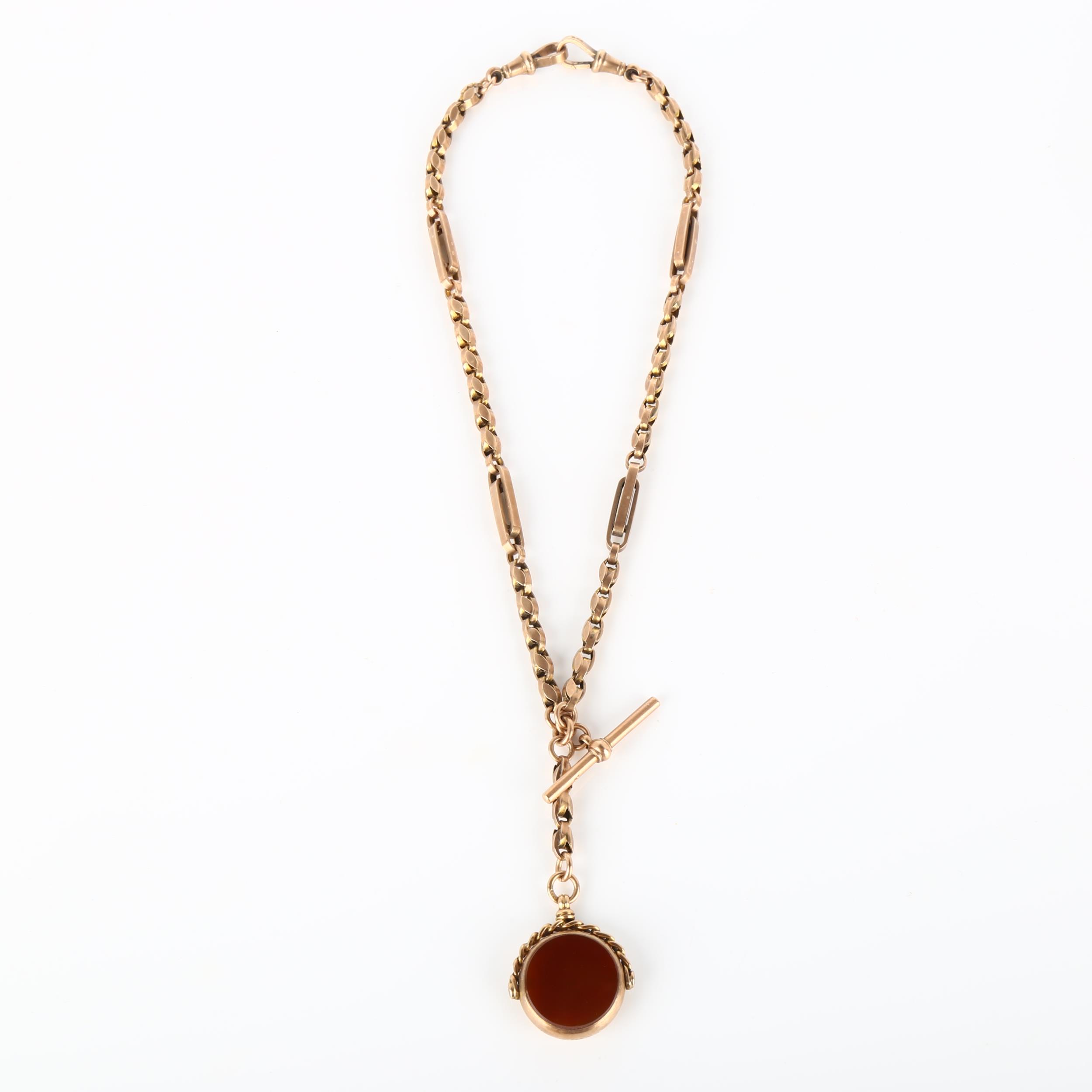 An Antique 9ct rose gold fancy link Albert chain necklace, with 9ct hardstone swivel fob, T-bar - Image 3 of 4