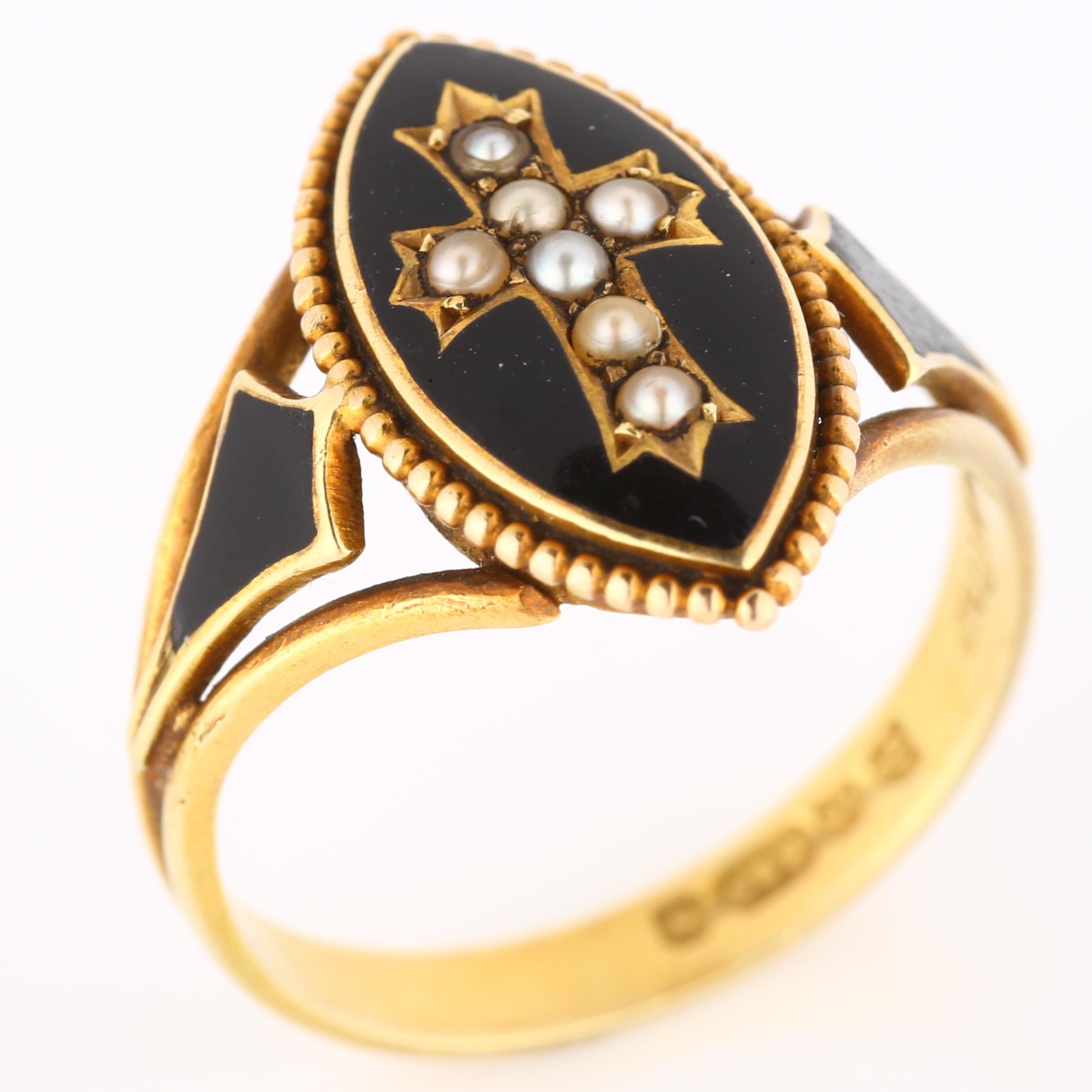 A 19th century 15ct gold black enamel and split pearl mourning ring, central marquise panel with - Image 2 of 4