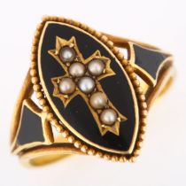 A 19th century 15ct gold black enamel and split pearl mourning ring, central marquise panel with