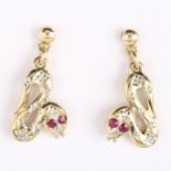 A pair of 9ct gold ruby and diamond figural snake drop earrings, with stud fittings, earring