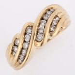 A large 9ct gold diamond crossover band ring, set with modern round brilliant-cut diamonds, total