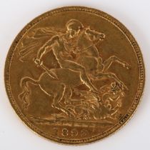 A Victoria 1893 gold full sovereign coin, 7.9g High points quite worn with light abrasions all over