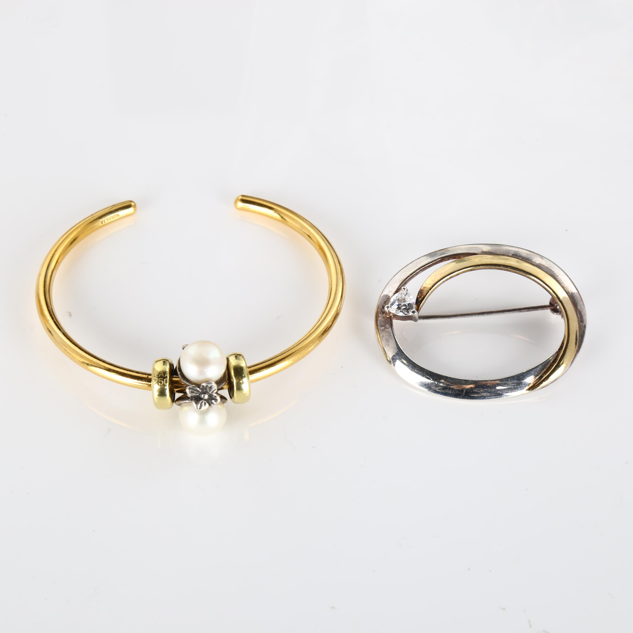 2 pieces of Danish silver jewellery, comprising 18ct gold on vermeil sterling silver pearl bangle,