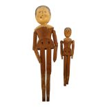 2 Victorian painted and jointed wood peg dolls, largest height 28cm (2)