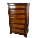 A 19th century narrow oak chest of 6 drawers with burr-oak drawer fronts, panelled sides, fluted