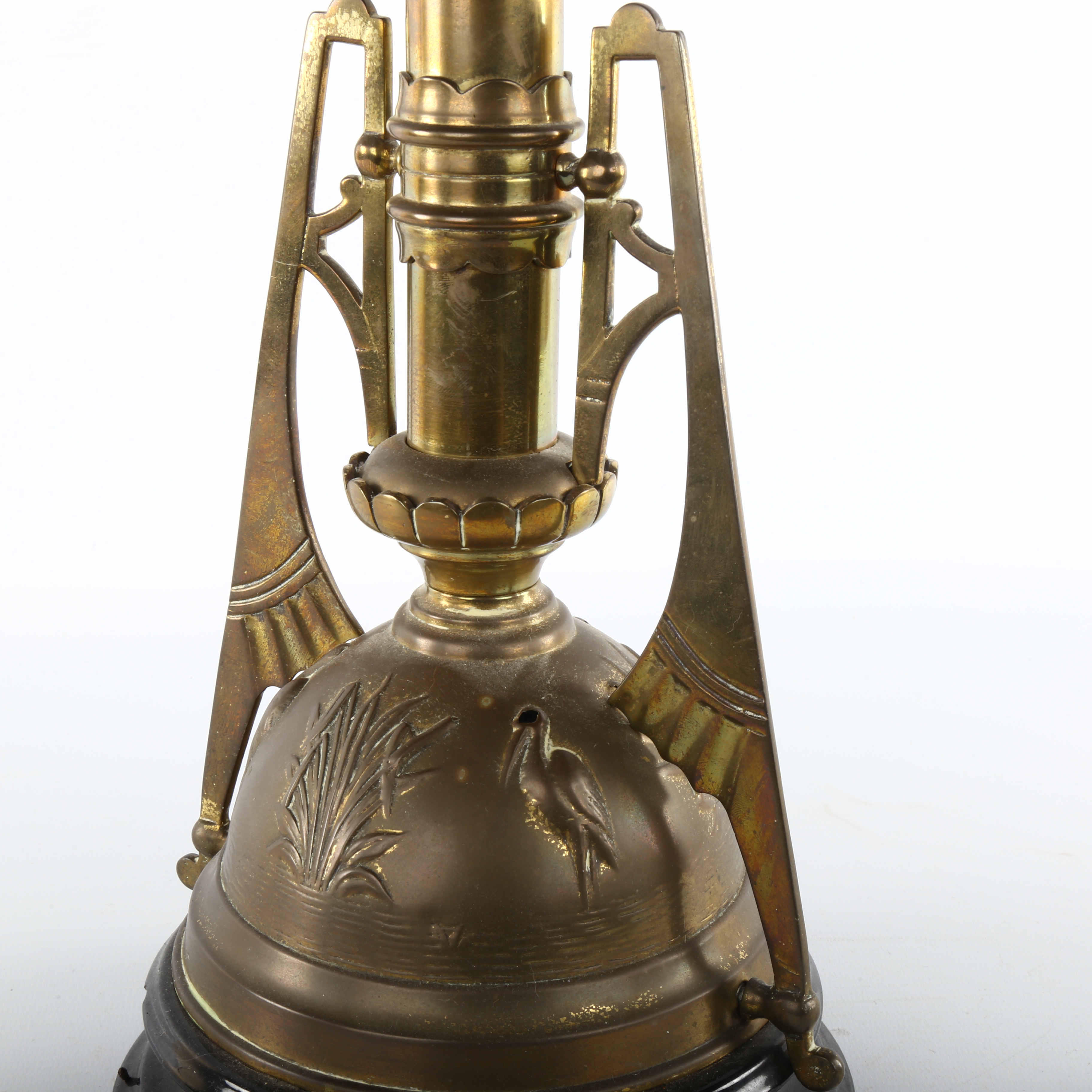 Victorian brass and blue glass duplex oil lamp, in the manner of Christopher Dresser, with - Bild 3 aus 3