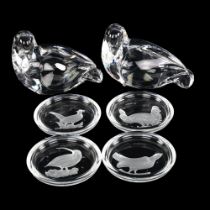 VAL ST LAMBERT - pair of crystal lovebirds, length 13cm, and 4 glass coasters with relief moulded