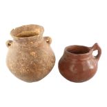 2 Ancient bronze age terracotta pots with lug handles, largest height 15.5cm