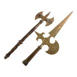 An ornamental cast-brass double-headed axe, length 51cm, and a cast-brass halberd head, length
