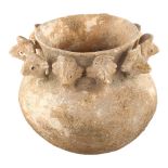 Indus Valley terracotta pot with gazelle head neck mounts, height 11cm, diameter approx 13cm