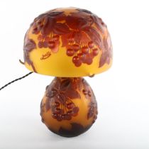 A good quality cameo glass mushroom-shaped table lamp in the manner of Galle, high relief cherry