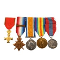 A group of 4 Great War and Faithful Service medals, awarded to Bmbr C E Brown RFA65664, comprising