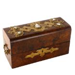 A Victorian burr-walnut box, with brass mounts and inset carved shell cameos, length 25cm