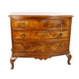 A burr-walnut bow-front chest of 3 long drawers, early 20th century on cabriole legs, width 90cm,