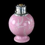 A pink glass globular perfume bottle, with painted dragonflies and grass, hallmarked hinged silver