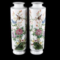 Pair of Chinese white glaze porcelain cylinder vases, with painted enamel birds and flowers, 4