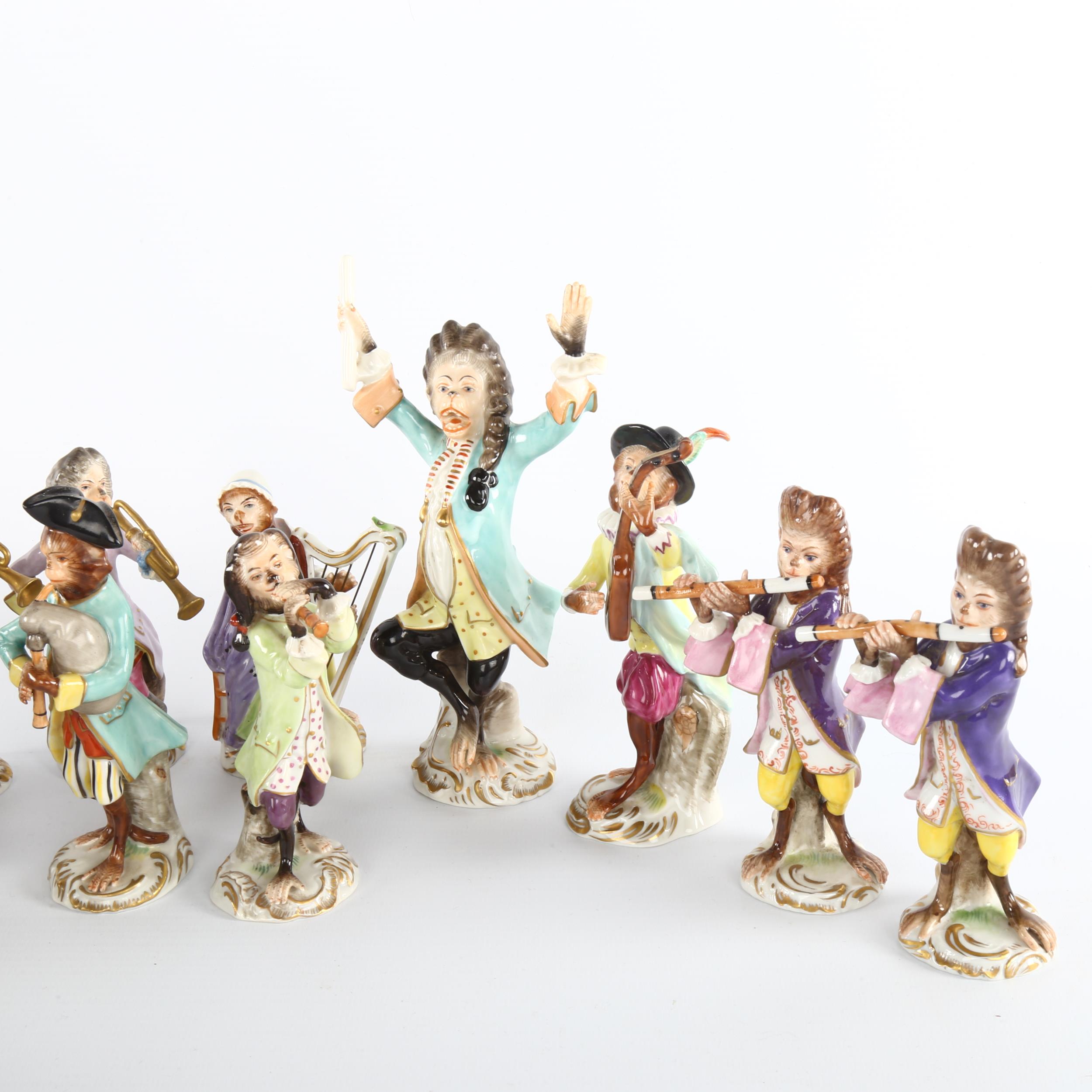 A collection of early 20th century German Volkstedt porcelain monkey band figures, largest height - Image 2 of 3