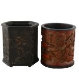 2 Chinese relief carved bamboo brush pots, height 16cm