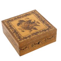 A Tunbridge Ware rosewood and micro-mosaic box, circa 1850, with floral inlaid lid and frieze,