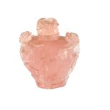 A Chinese 19th century rose quartz snuff bottle and stopper, with relief carved exotic birds and
