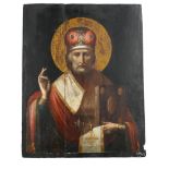 A 19th century Orthodox Christian icon on wood panel, 41 x 33cm some flaking of paint to bottom