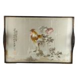 A Chinese gilded and lacquered tray, with inset silk embroidered picture of a cockerel with text