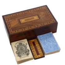 19th century Tunbridge Ware rosewood and micro-mosaic games box, inlaid hinged lid inscribed