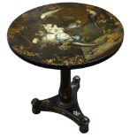 A 19th century lacquered and painted tilt-top occasional table, height 70cm, diameter 57cm Good