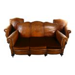 Art Deco brown leather-upholstered 3-seat Club sofa and pair of matching armchairs