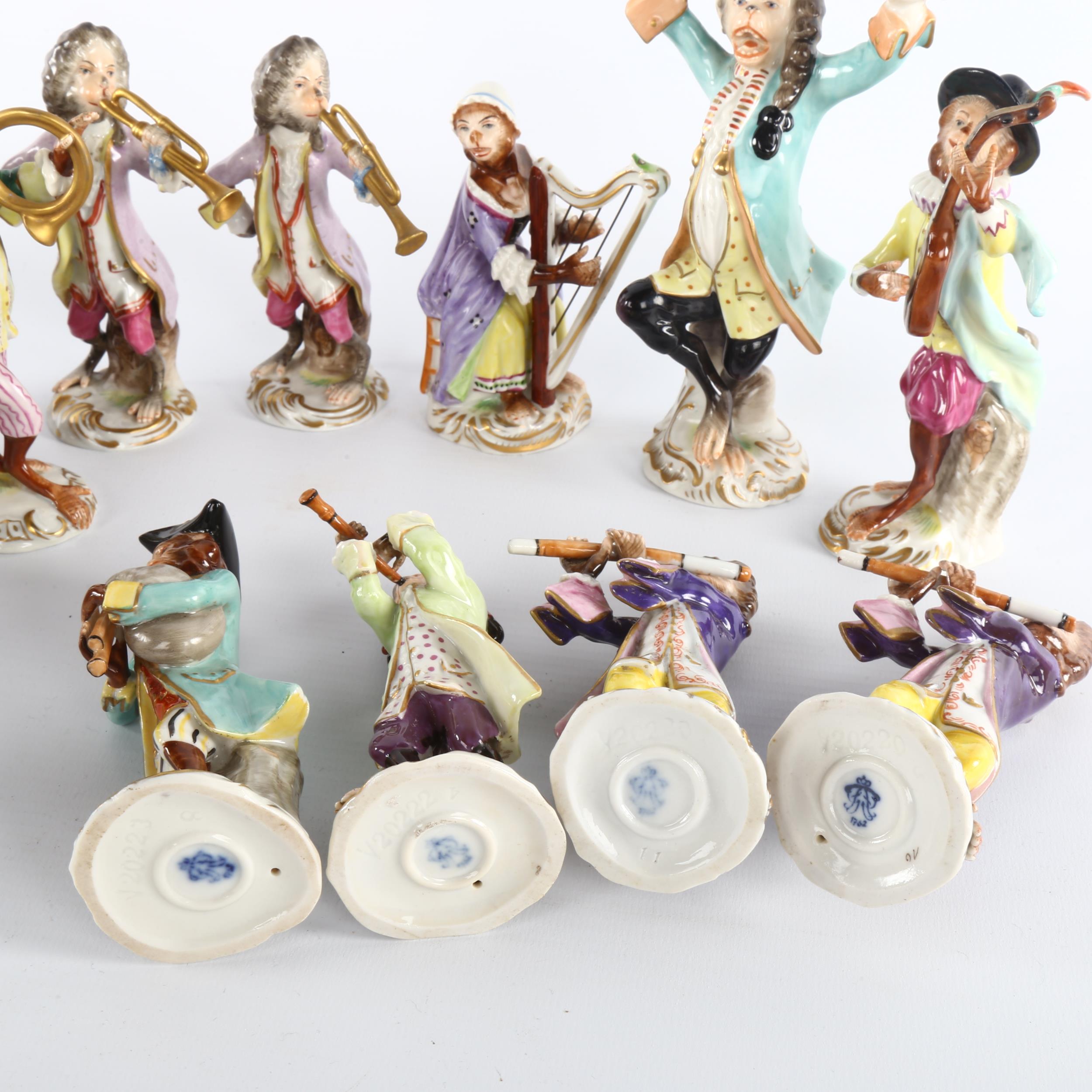 A collection of early 20th century German Volkstedt porcelain monkey band figures, largest height - Image 3 of 3